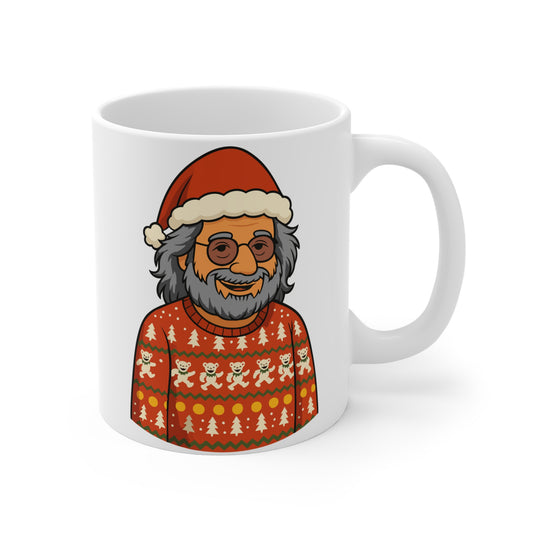 Jerry Garcia Christmas Sweater Mug - Dancing Skeletons in Elf Hats, Funny Grateful Dead Holiday 11 oz. White Ceramic Coffee Mug