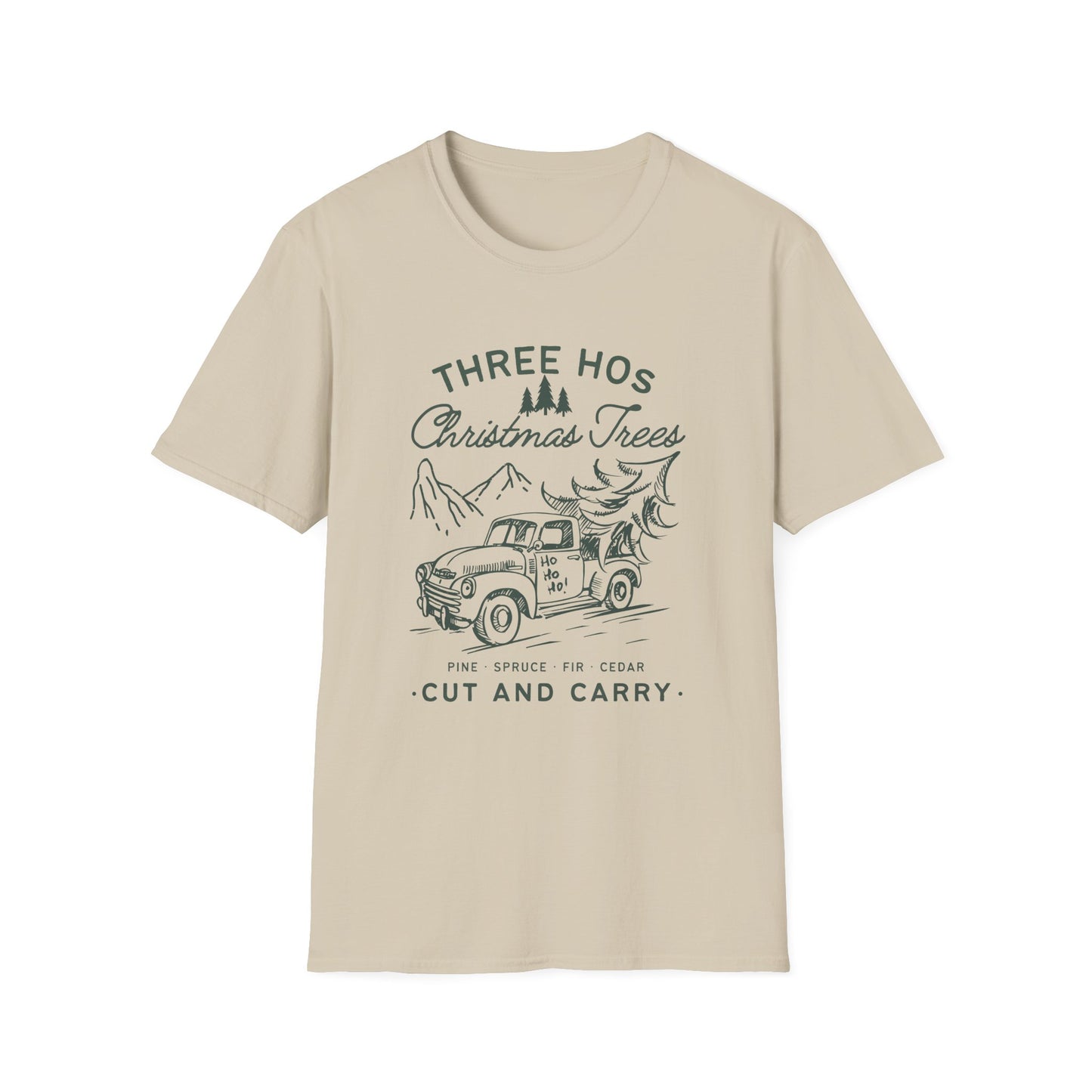 Three Hos & A Truckload of Cheer – Funny Christmas Tree Unisex Softstyle T-Shirt