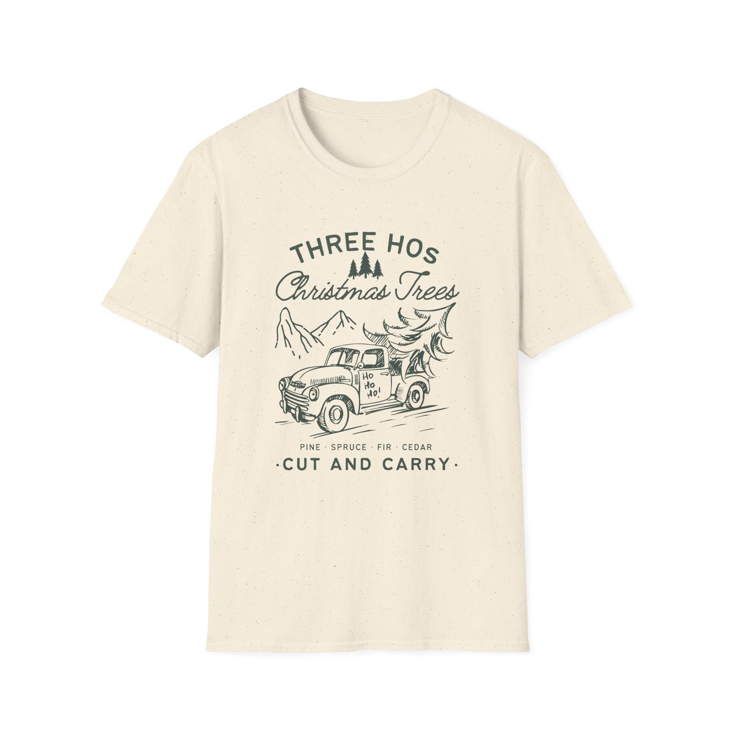 Three Hos & A Truckload of Cheer – Funny Christmas Tree Unisex Softstyle T-Shirt