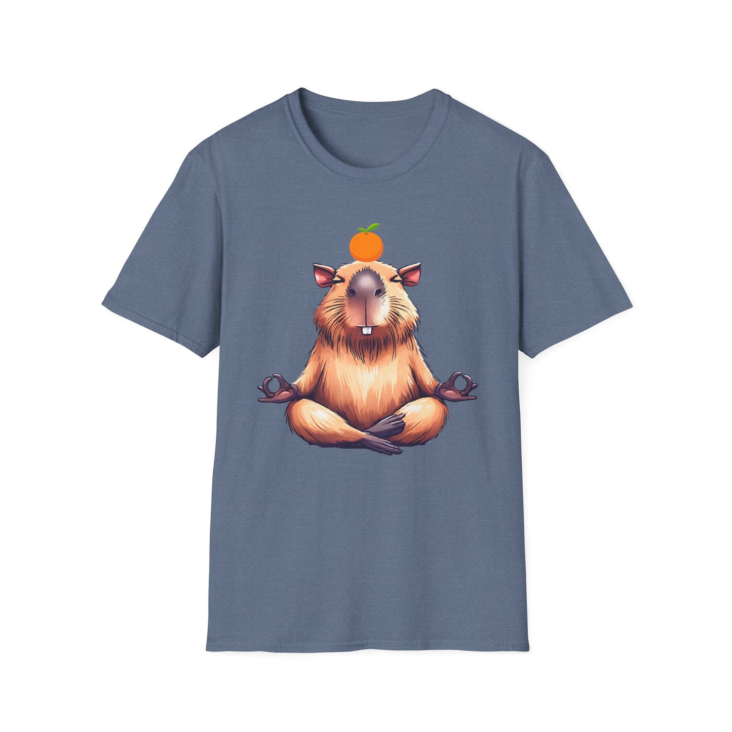 Meditating Capybara Softstyle T-Shirt with Orange on Head